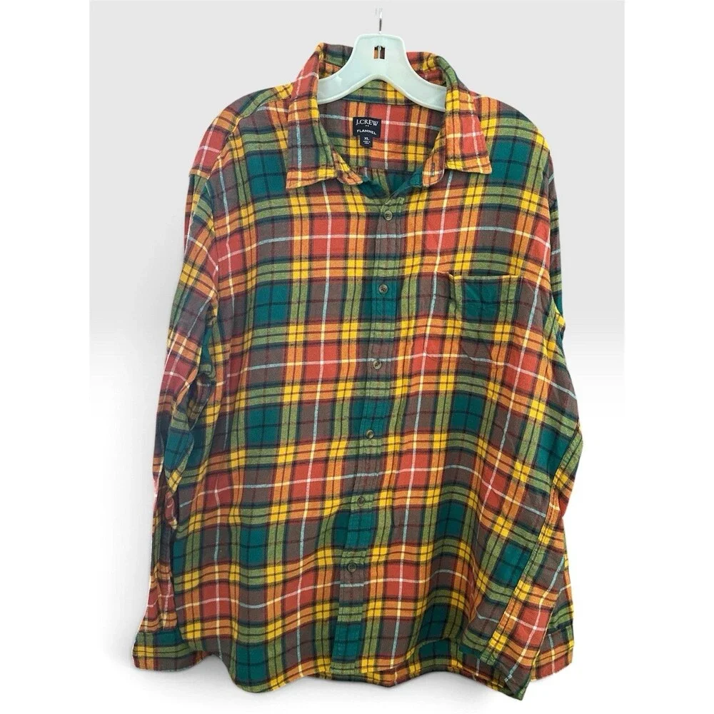 J CREW Mid Weight Flannel Shirt, Men's XL Plaid Double Brushed Green Orange